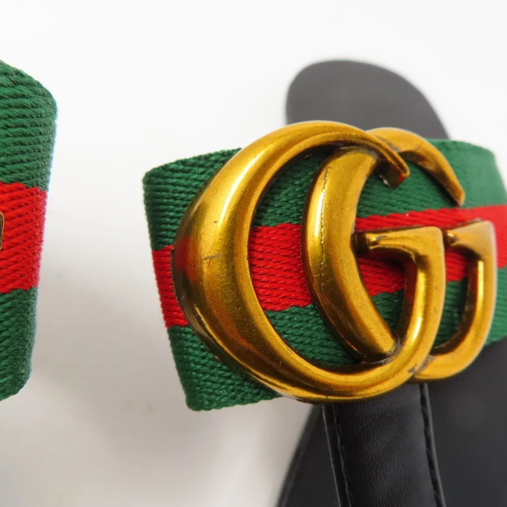 Gucci Double G Web Thong Sandals Black Mens 42 Flip Flops Gold Logo Italy - Picture 4 of 16